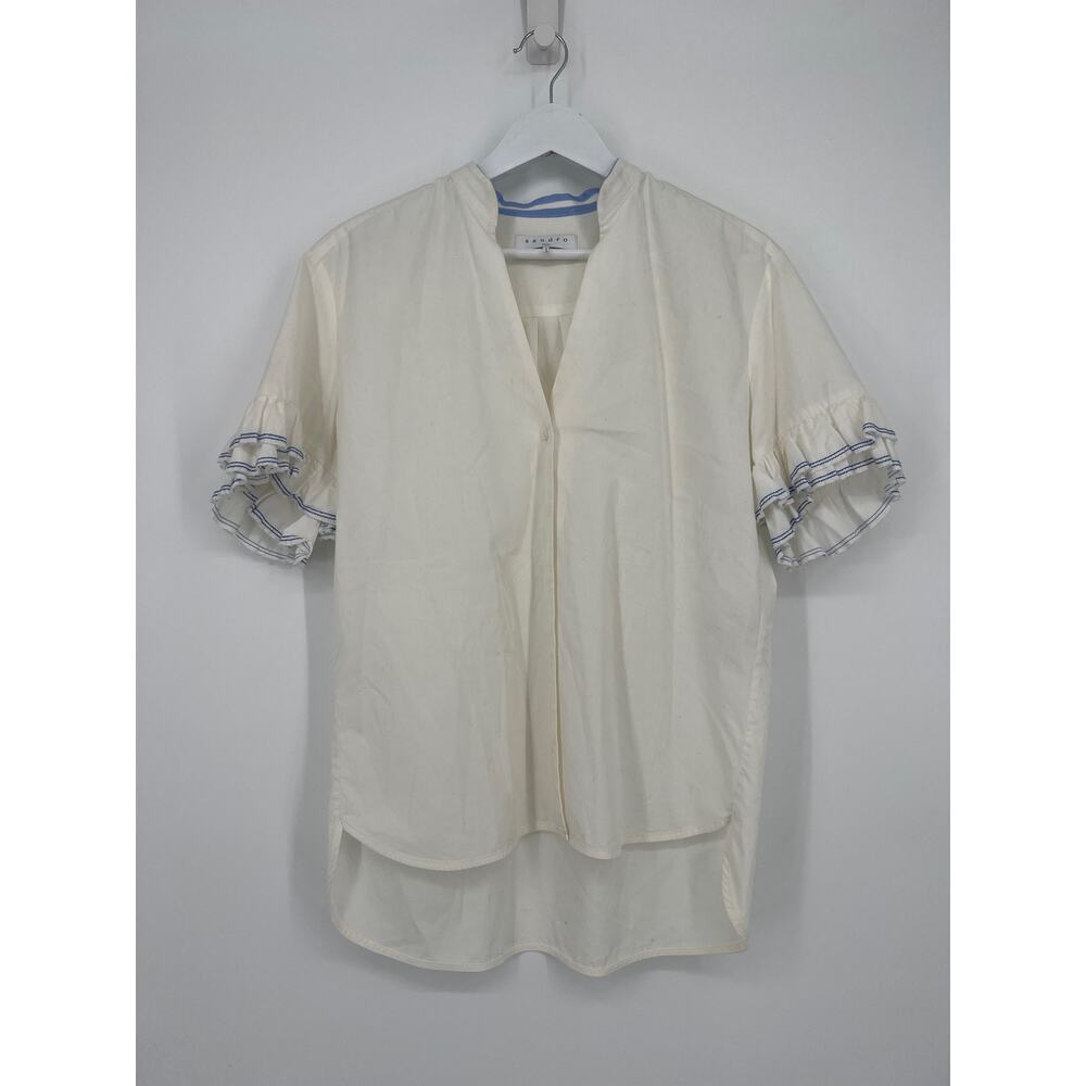 SANDRO Paris Womens White V Neck Cotton Poplin Blouse Top US 6